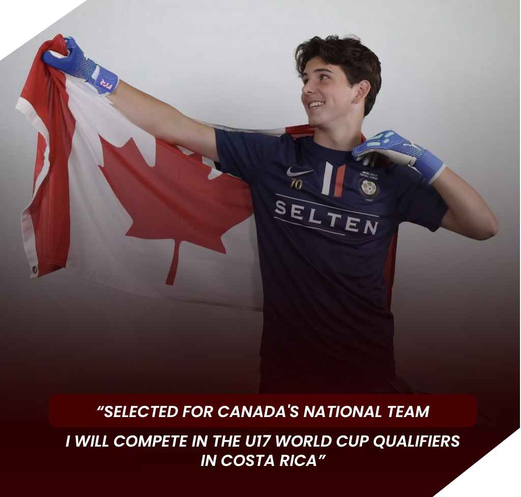 Jeune gardien de football tenant un drapeau du Canada, sélectionné en équipe nationale U17 pour les qualifications de la Coupe du monde au Costa Rica